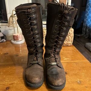 Women’s Harley Davidson brown leather knee high lace up/side zipper riding boots